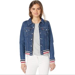 Levi’s Rib Trim Trucker Varsity Denim Jean Jacket Brick Mortar Medium Wash NEW